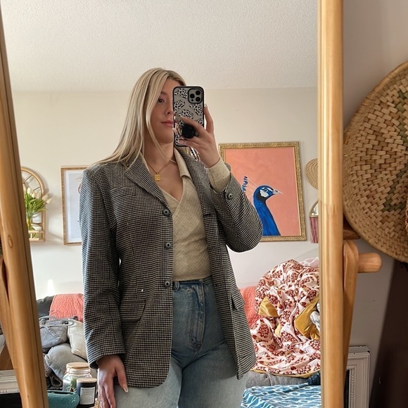 Vintage Lands End Wool & Cashmere Houndstooth Blazer - Picture 1 of 6